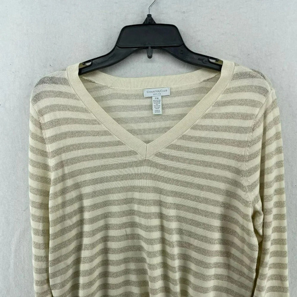 Charter Club Sweater Womens Sz PM Beige Gray Striped V-Neck Metallic Pullover - Picture 6 of 12